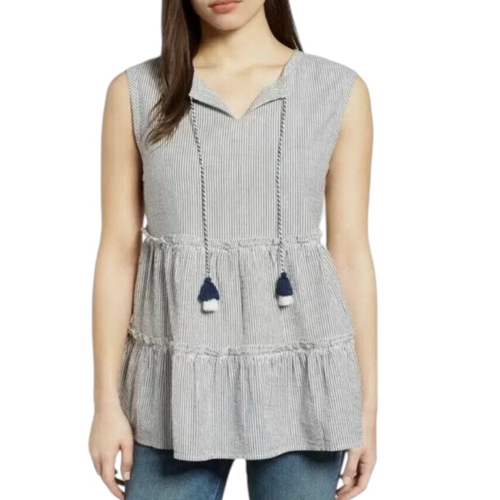Caslon EUC Striped Tiered Ruffle Tassel Tie Sleeveless Shirt Blue and Wh…